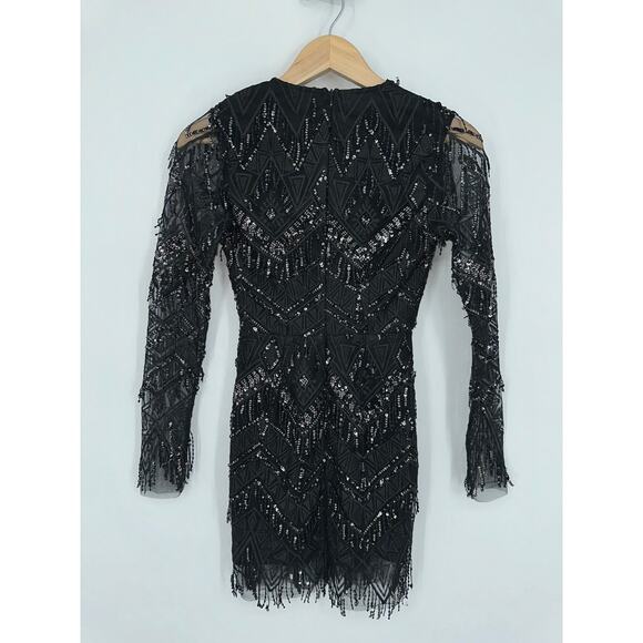 REVOLVE Superdown Nia Sequin Fringe Mini Dress Plunge V-Neck Mesh Long Sleeve - Picture 8 of 13
